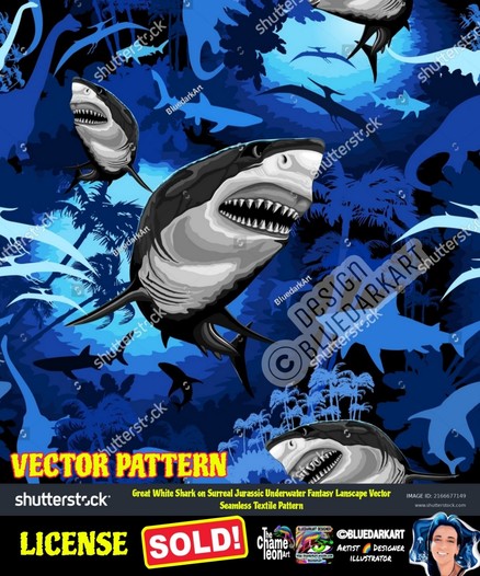 Great White Shark Jurassic Surreal Art Vector Seamless Pattern Design ©️ BluedarkArt TheChameleonArt ● Licenses to use available for sale in the BluedarkArt Shutterstock Portfolio