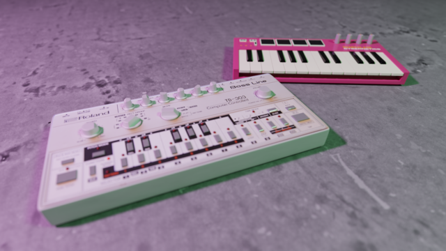 A 3D render of a Roland 303 bass synthesiser created using Blender