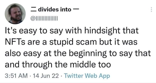 It's easy to say with hindsight that
NFTs are a stupid scam but it was
also easy at the beginning to say that
and through the middle too