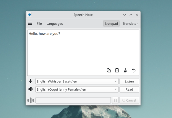 Screenshot of main window of Speech Note application