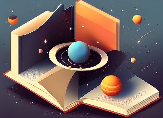 A mini planetary system with planets and suns, coming out of a book, isometric view, geometric abstract art.
