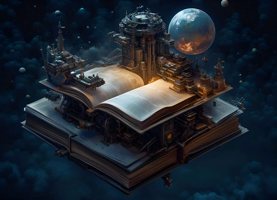 Miniature space station coming out of open books, planets around it, isometric view. Hyper detailed illustration.