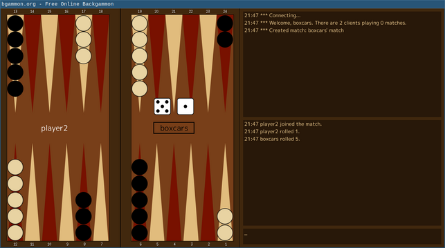 Screenshot of the Boxcars backgammon client
