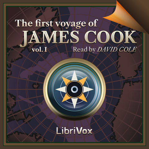 Cover design for the audiobook The first voyage of James Cook. The illustration  has a brown and blue map for the background and a compass in the front.