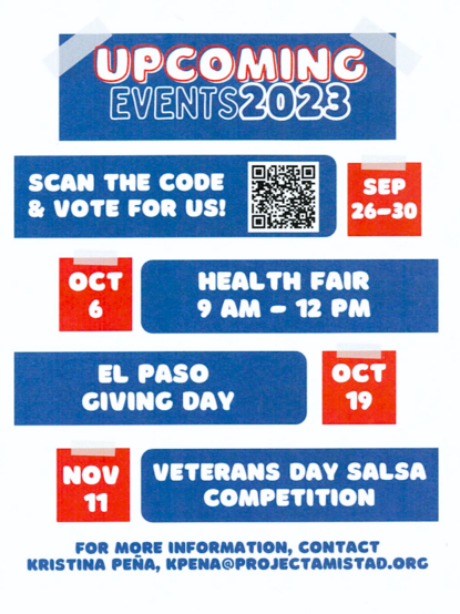 Upcoming events for 2023. These include the health fair on Oct. 6th, El Paso Giving Day on Oct. 19th, and the Veterans Day Salsa Competition on Nov. 11th. 