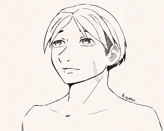 Boceto del busto un chico con el pelo corto mirando hacia arriba, en la mejilla tiene una cicatriz.