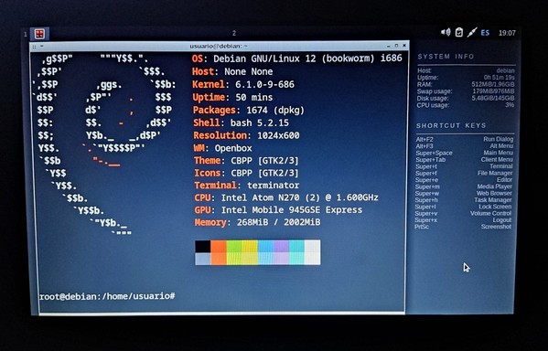 Neofetch mostrando información del sistema y hardware
OpenBox
Debian 12 i686
Cpu: Intel Atom N270