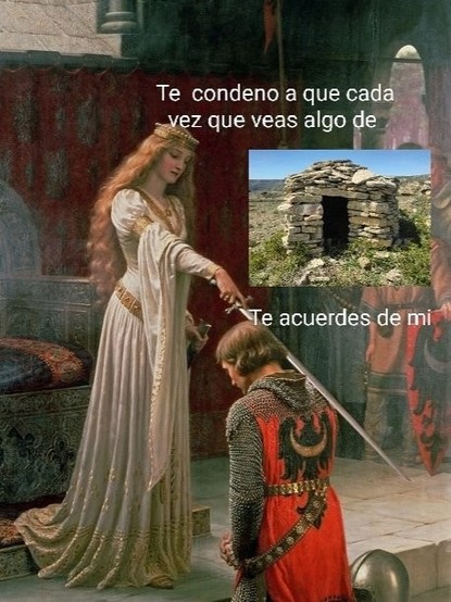 A dame in a dress (me) knighting a young man in front of her (my social circle). 
The texts reads: I condemn you so every time you see a dry-stone structure, it will remind you of me.