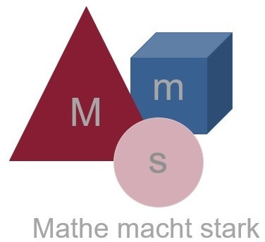 Logo Mathe macht stark, Buchstaben m, s, m in geometrischen Formen unterschiedlicher Farbe