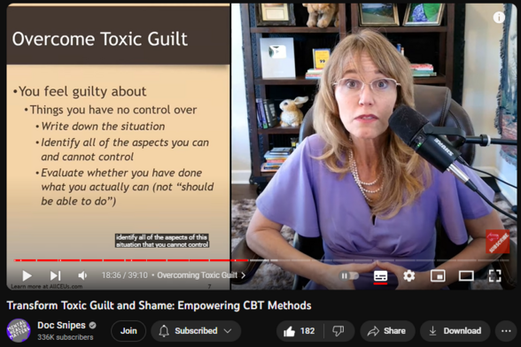Transform Toxic Guilt and Shame: Empowering CBT Methods
2,432 views  Premiered on 22 Sept 2023  Self Esteem
In this video, Dr. Dawn Elise Snipes is going to be teaching you how to use CBT methods to transform toxic guilt and shame. These methods can be extremely effective in helping you to overcome these emotions and regain control over your life.

CBT is one of the most popular forms of mental health counseling and it has proven to be very effective in helping people to overcome difficulties. In this video, I'm going to teach you a few CBT methods that can help you to transform toxic guilt and shame. After watching this video, you'll be able to use CBT to overcome your toxic guilt and shame and regain control over your life!

#toxicguilt #shame #CBT
Dr. Dawn-Elise Snipes is a Licensed Professional Counselor and Qualified Clinical Supervisor.  She received her PhD in Mental Health Counseling from the University of Florida in 2002.  In addition to being a practicing clinician, she has provided training to counselors, social workers, nurses and case managers internationally since 2006 through AllCEUs.com 
https://www.youtube.com/watch?v=suG0ohekVsQ