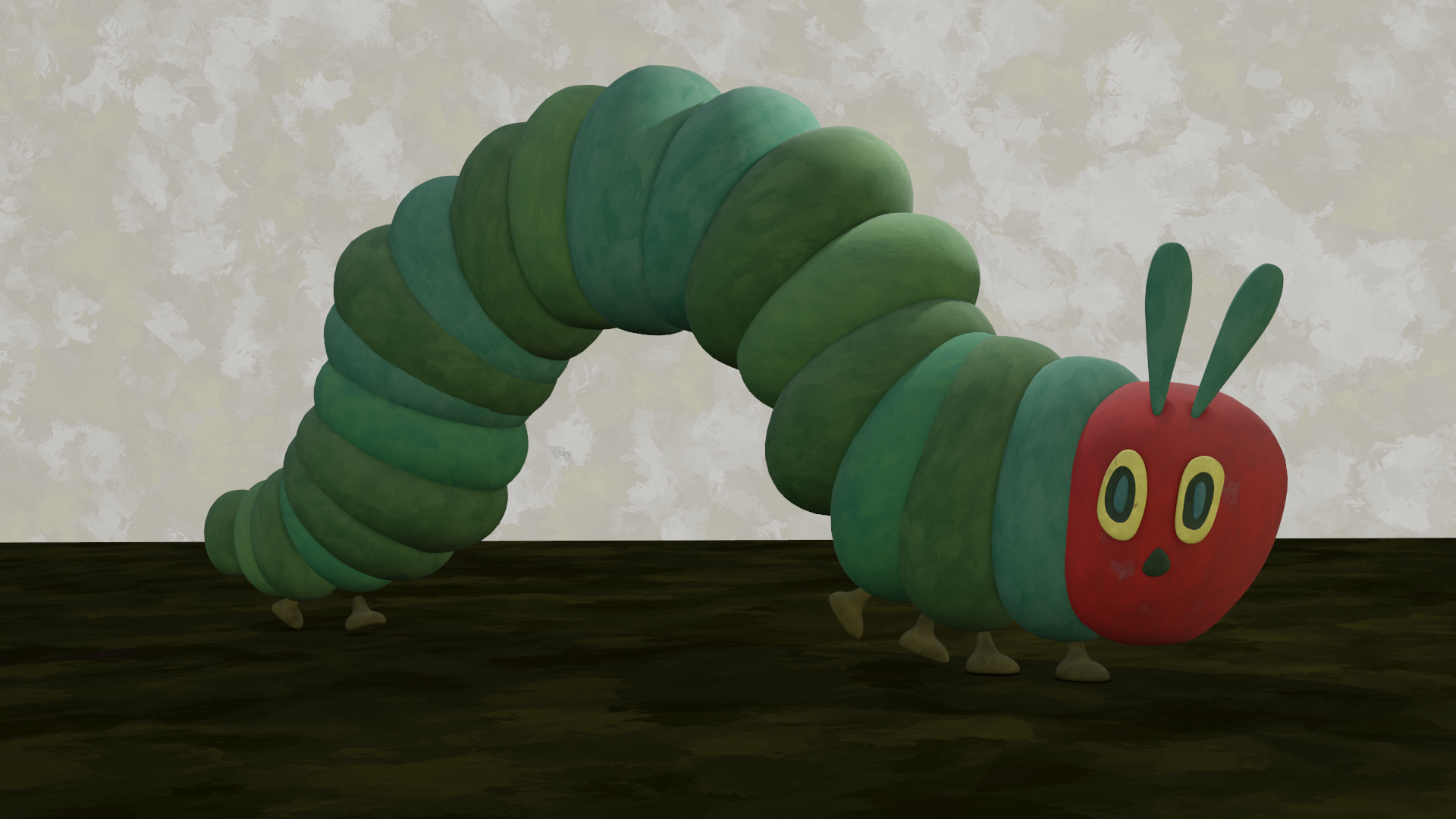 A 3d rendition of the Very Hungry Caterpillar, using dynamic textures that suggest brush strokes