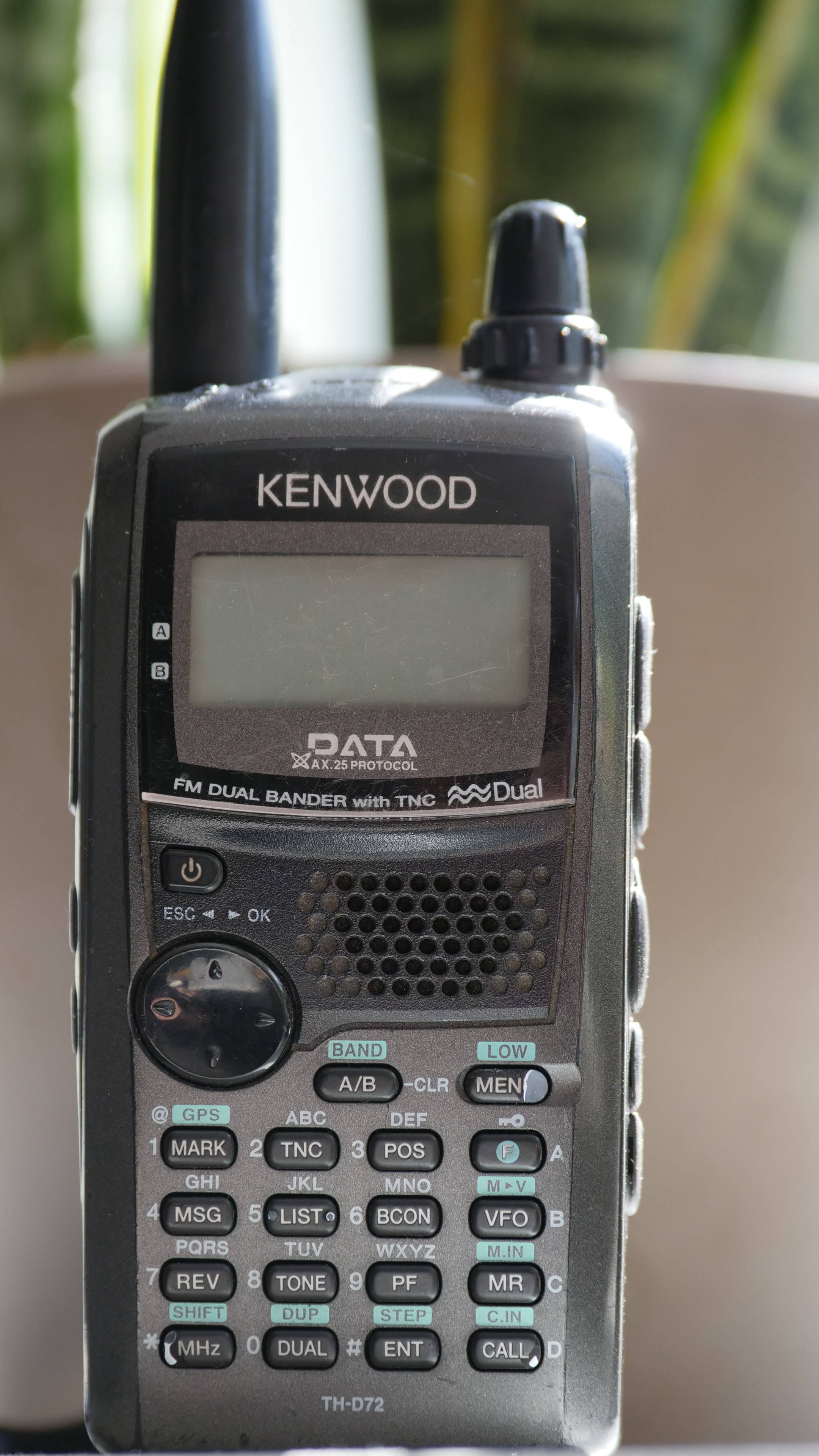 Kenwood TH-D72 hand held transceiver, in it's stock form pictured from the front