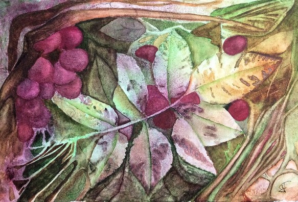 Aquarelle - feuilles désséchées sur un lit d'herbes, entourée de baies mûres