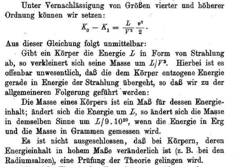 The (original) German text of the part of Einstein's manuscript showing that a body that emits an amount of energy E (he calls it "L") sees its mass decrease by E / c^2.
