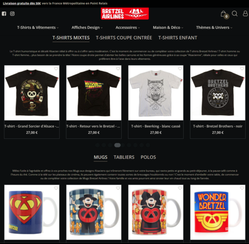 une capture d'écran de la page d'arrivée de bretzelairlines.com où il y a des parodies de logos et de visuels célèbres, tous transformés pour faire d'un bretzel l'élément central.
genre le logo superman avec un bretzel à la place du S, "retour vers le bretzel" etc , sur des mugs, des tee shirts et divers objets. 