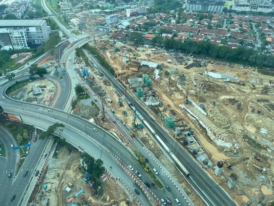 Aerial view of the construction of RTS Link station by the side of the RAC-KTMB railway track.