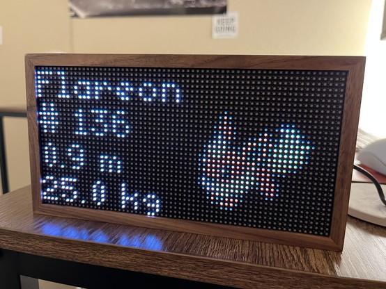 A small LED based device showing a handful of stats about the Pokémon Flareon. 