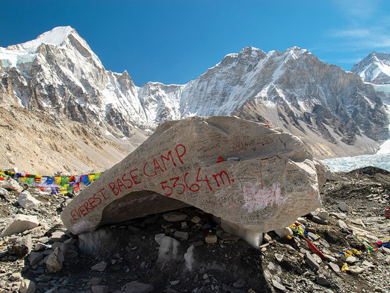 The large rock with the words "Everest Base Camp" written on it in the Khumbu region, Nepal.
