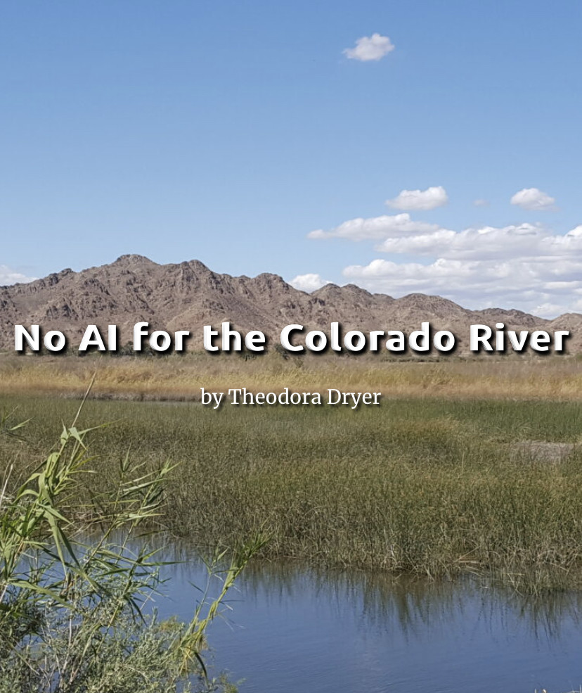 Photo of the Colorado River with overlaid text that says “No AI for the Colorado River”