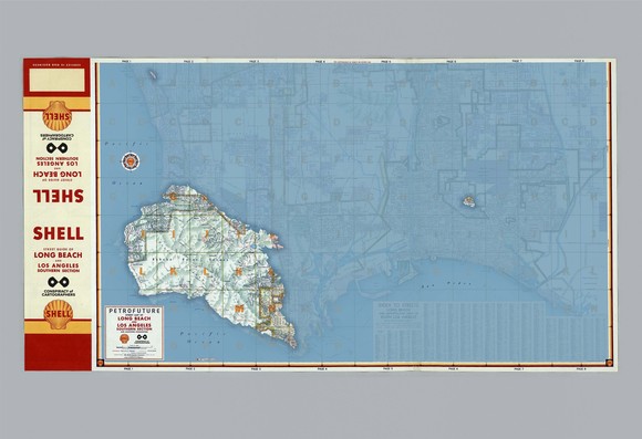 Los Angeles/Long Beach Petrofuture map--66m sea level rise on a 1956 Shell Oil base map