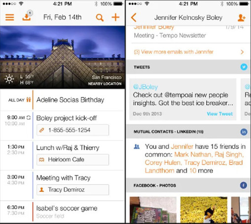 Tempo Smart Calendar, developed in-house. (screenshots circa 2013)
 
Two screens:

Left: Day view of calendar. Large photo based on location (San Francisco) also displaying weather.

Each event has an action button for calling the phone, finding a location where the meeting is taking place, or the contact info for the person in the meeting.

Right: Contact info screen that has scraped that person's public social posts from twitter, LinkedIn, and Facebook, along with their email, phone and more.