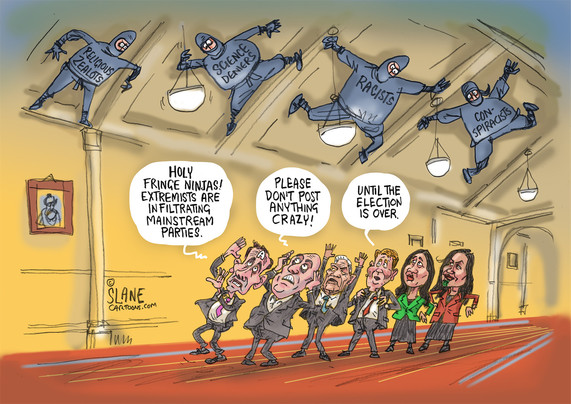 Cartoon depicts a corridor in parliament. A group of politicians are stopped in their tracks by the sight of ninjas clinging to the ceiling. David Seymour looking up comments "Holy fringe ninjas! Extremists are infiltrating mainstream parties". Christopher Luxon comments "Please don't post anything crazy!" Winston Peters throws his hands in the air in gesture akin to surprised surrender. Christopher Hipkins comments "Until after the election." Marama Davidson and Debbie Ngarewa-Packer look alarmed. Refers to revelations of party candidates with fringe beliefs embarrassing mainstream political parties during an election campaign, particularly ACT, NZFirst and National.