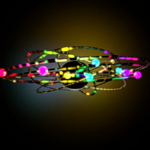 A bunch of brightly coloured, illuminated balls and a mass of gold bars spinning in loops around a dark, shiny black sphere