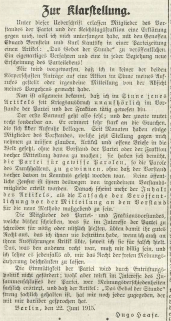 Erklärung von Hugo Haase im Vorwärts vom  zur Kritik der SPD-Parteiführung an dem Aufruf "Das Gebot der Stunde"
