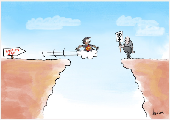 We are at the edge of the [CAUTION GAP> defined by the gap between two cliffs. Our Aboriginal mate in his YES shirt is in the gap riding the cloud to get to the other side is being refused entry to the other side by a complete Dutt on the edge holding his NO placard on a stick! His face shows his realisation that he is about to fall into the gap and there's nothing he can do about it.