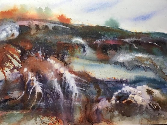 Paysage imaginaire, catastrophique, tons de terre brûlée,