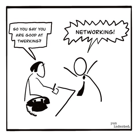 Ein Cartoon. Person A sitzt am Schreibtisch und fragt: So you say you are good at twerking? Person B antwortet empört: Networking!