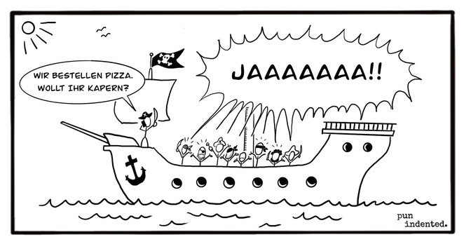 Ein Cartoon. Auf einem Piratenschiff stehen der Kapitän und die Mannschaft. Der Kapitän hält sich ein Telefon ans Ohr und fragt: Wir bestellen Pizza. Wollt Ihr Kapern? Die ganze Mannschaft ruft laut: Jaaaa!!