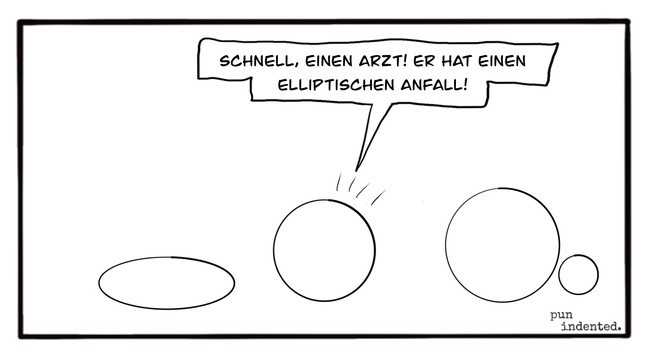 Ein Cartoon. Ein Kreis liegt am Boden und ist zu einer Ellipse verformt. Ein anderer Kreis ruft weitere Kreise herbei mit den Worten: Schnell einen Arzt! Er hat einen elliptischen Anfall!
