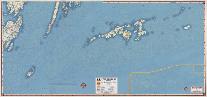 New York City and Long Island Petrofuture map--66m sea level rise on a 1956 Shell Oil gas station map