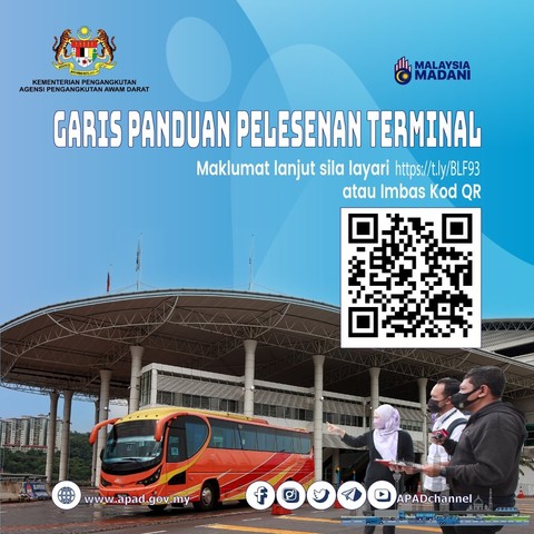 Poster image in Malay by the Land Public Transport Agency, the background in the poster is an intercity coach express bus moving out from a bus terminal.