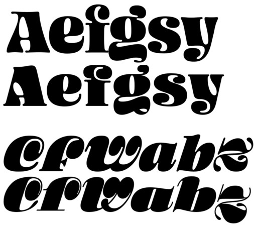 Comparison of the letters “Aefgsy” in Ohno Blazeface and Aljaraz, and of the letters “CFWabz” in Stilla and Aljaraz Italic (with alternate swash F)