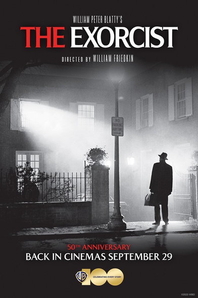 Film poster for the 50th anniversary re-release of the movie, The Exorcist, featuring Max Von Sydow, as part of the Warner Bros. centenary celebrations.
