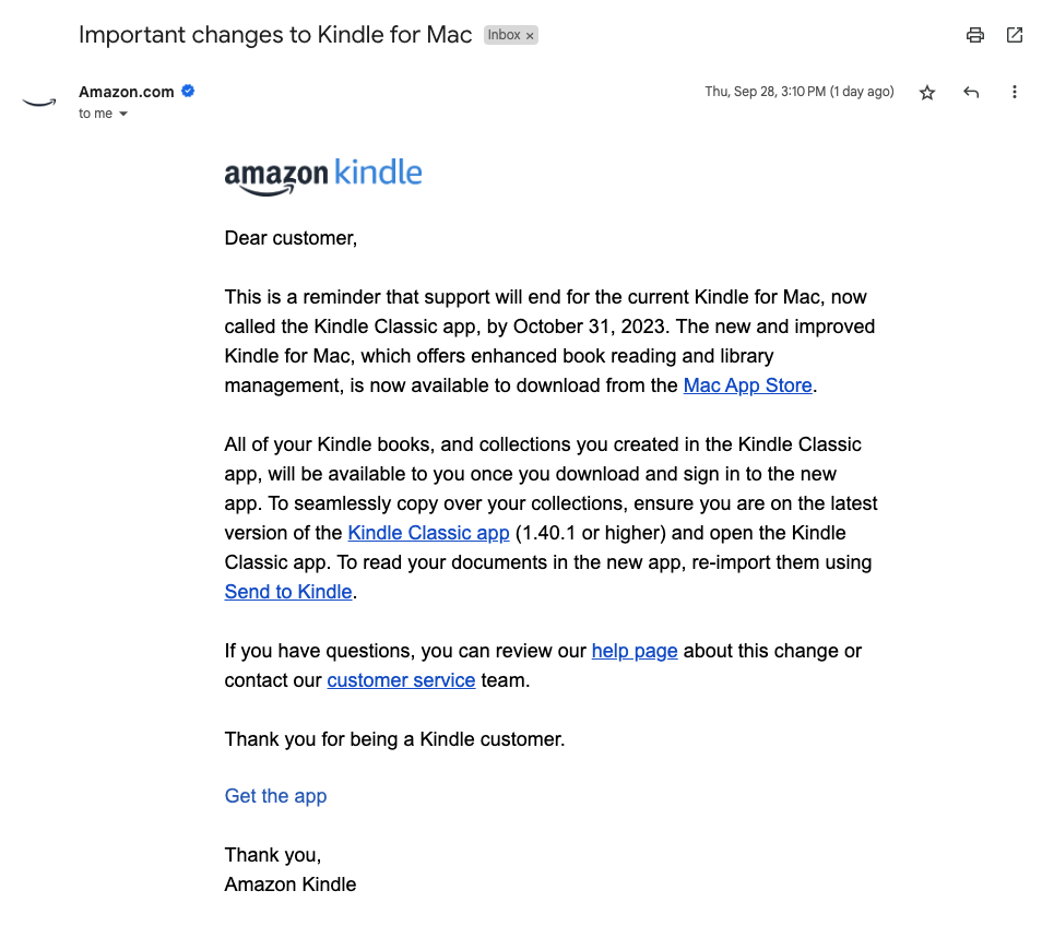 Email message from Amazon on Kindle update