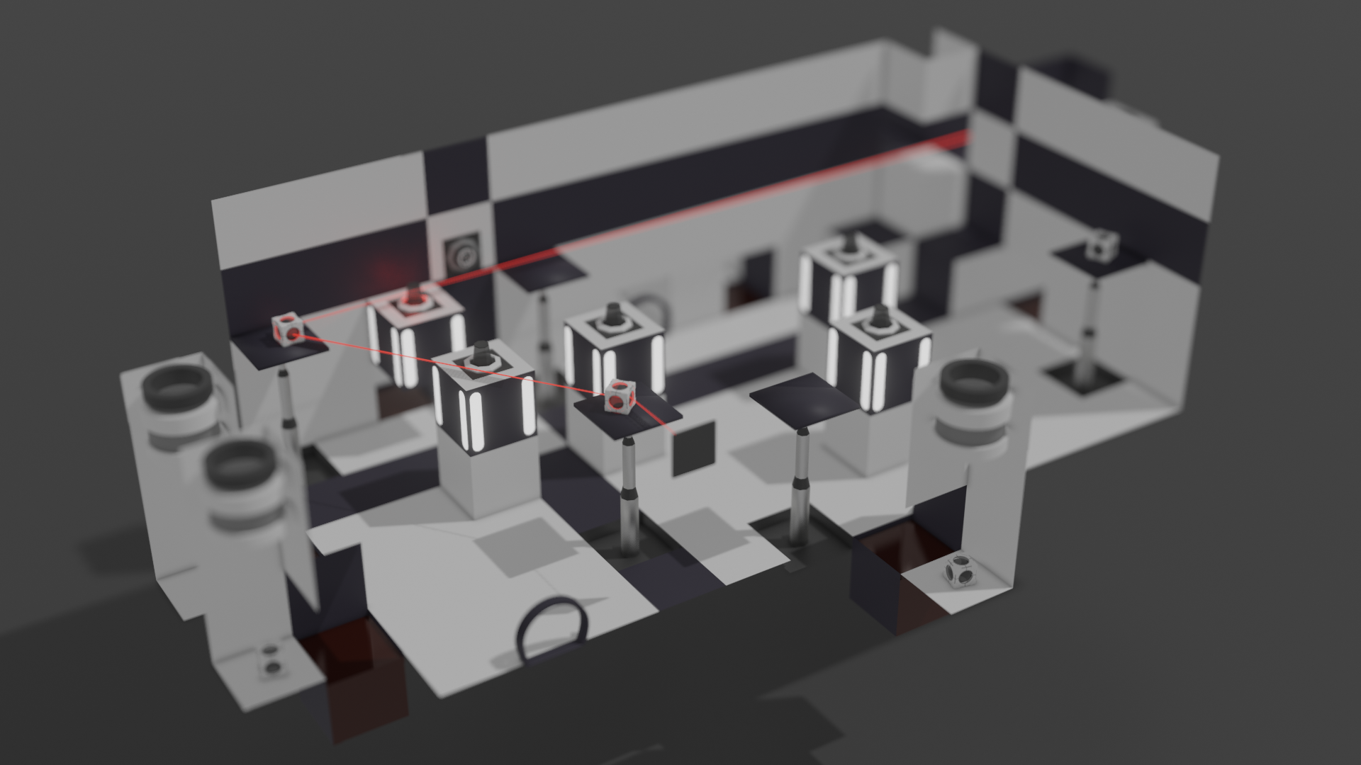 A render of a low poly portal map seen from the outside with depth of field implying it is miniature. Various raised lifts hold lens cubes that guide a laser between some receptacles 