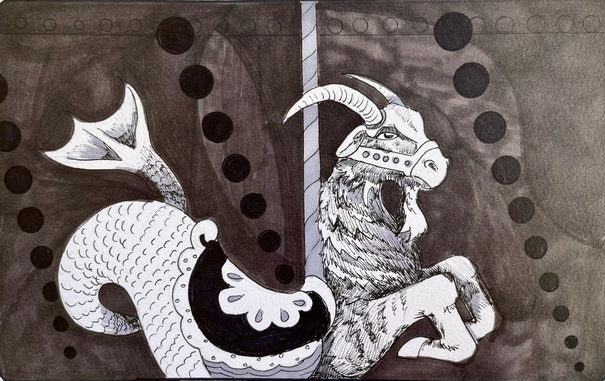 A black and white drawing of a Capricorn ( sea goat)  as a carousel animal.