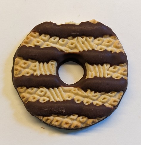Keebler Fudge Stripes cookie. The part of the cookie above the top fudge stripe has been eaten.
