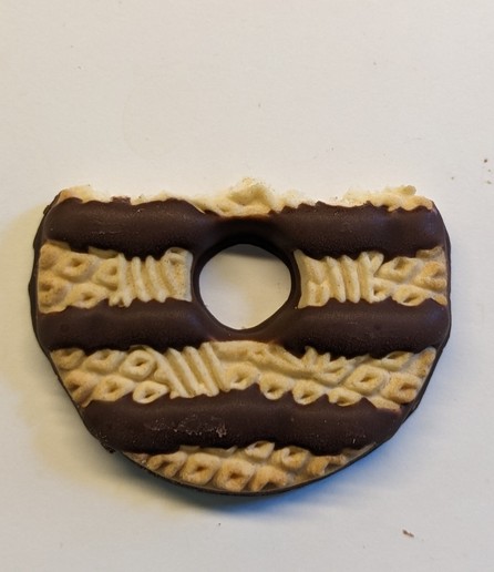 Keebler Fudge Stripes cookie. The part of the cookie above the top TWO rows of fudge stripe has been eaten 