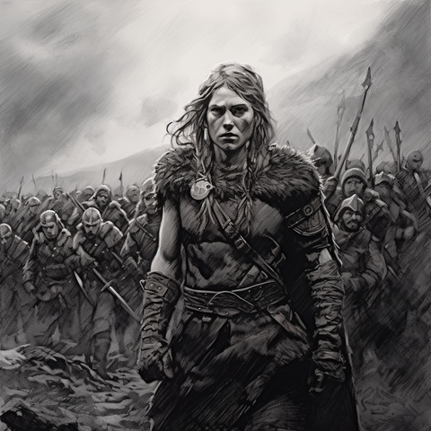 Kohlezeichnung einer Wikinger-Kriegerin vor einer bewaffneten Gruppe Wikinger

Midjourney Prompt: Charcoal sketch art, female Vikings in the middle of the battlefield in Norway, hand drawn, thick strokes --v 5.2