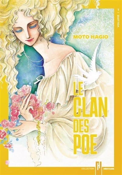 Couverture de Le Clan des Poe volume 1, une illustration des femmes qu'on imagine très belle, en robe de nuit et aux cheveux blonds qui tient des roses dans ses main et possède un assez long coup qu'elle doit pencher pour rentrer complètement dans l'image, mais les cheveux déborde de l'image qui est encadré par une bordure jaune. 