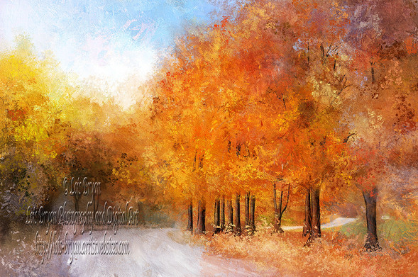 A road trip into the countryside on a glorious autumn day, when Mother Nature and the sunshine had conspired to create colors that almost break our hearts with beauty, was a family tradition when I was a little girl. My dad would proclaim the day and off we'd go … often with a picnic basket in the trunk and always with smiles on our faces. Sometimes we'd manage our drives on this those perfect rare and brief colorful and vibrant days … as often, though, we'd find we were just past peak color, or not quite there yet. Or worse yet, the season itself just never really reached its potential at all.

As I grew older I lived in an area where the "leaf peepers" were an expected weekend hazard if you needed to get to the store on a sunny autumn day. You could always spot the peepers. They drove slowly, and maybe even weaved back and forth, and you could almost hear the ooo's and ahhh's coming from their cars. I didn't mind really … I enjoyed the beauty right along with them.

The location of "A Vibrant Day" is Blue Knob State Park between Pavia and Claysburg, PA. Just beyond on the right, where the road dips down is a steep hill that gets dicey in winter's icy and snowy times, then another hill going up and up to the top of Blue Knob Mountain and the ski resort there. Magical beauty in all times of the year!!

Image sketched and painted by hand, digitally, and influenced by and very loosely based on one of my own photos using Corel Painter 2019.