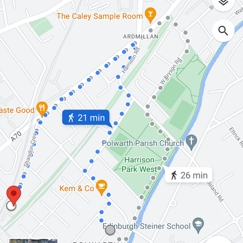 Screenshot of Google Maps app suggesting a 21 minutes walk through an absurdly long path