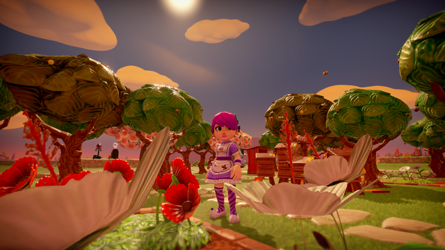Farm Together screenshot of a purple haired girl in a cute purple dress standing in an orchard