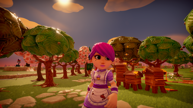 Farm Together screenshot of a purple haired girl in a cute purple dress standing in an orchard but this time it's a closeup 