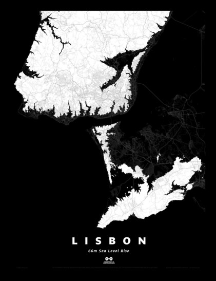 a black and white silhouette map of Lisbon, showing land, water, and roads, with 66m sea level rise