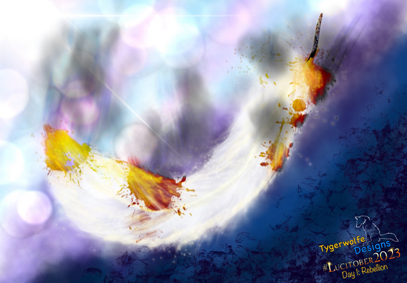 A white feather glowing with soft golden light, splattered in blood that’s seemingly on fire, whisps of smoke rising from the fires is falling across a purple interim plane - bright lights and colors at the upper left, to dark blue/blacks at the lower right. Symbolizing Lucifer’s fall from the Silver City into Hell after his rebellion. Branding at the lower left includes the Tygerwolfe Designs logo, as well as #Lucitober2023 & the Day 1 prompt: Rebellion.